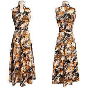 70s Vintage Abstract Art Print Dress Maxi Sleeveless A-line Paint Pattern.